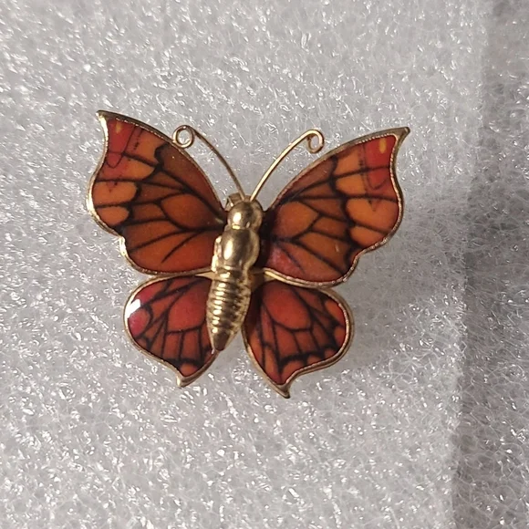 Vintage gold tone enamel orange black butterfly brooch pin / necklace pe… - Picture 11 of 17